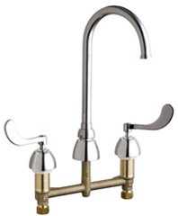 Chicago Faucets 786-GN2FCABCP Concealed Hot and Cold Water Sink Faucet, 8" Fixed Centers, Flow Control 5-1/4" Gooseneck Spout, 1.5 GPM, 4" Wristblade Handle Questions & Answers