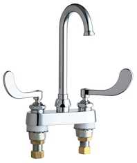 Chicago Faucets 895-317FCXKABCP Hot and Cold Water Sink Faucet, Deck Mounted, 4" Fixed Centers, 3-1/2" Gooseneck Spout, 1.5 GPM Laminar Flow Control Insert in Spout Inlet, 4" Wristblade Handle, Ceramic 1/4-Turn Operating Cartridge Questions & Answers